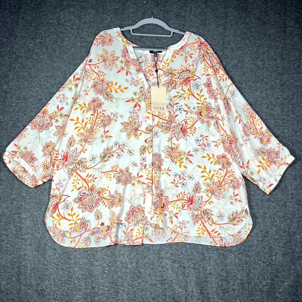NYDJ 3/4 Sleeve Floral Printed Pintucked Back Blouse Women's 2x Villaneuve Boho